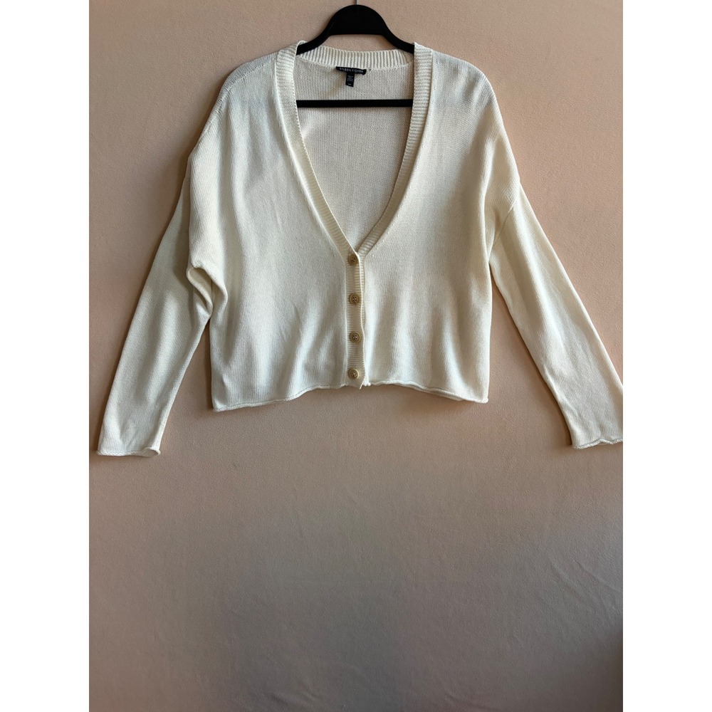 Eileen Fisher Organic Cotton Tencel Cardigan Sweater White Small Boxy V-Neck